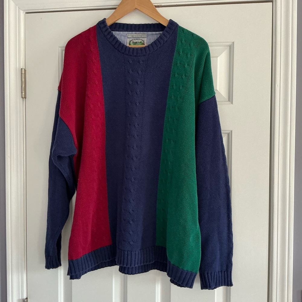 Vintage Siegfried Navy Crewneck Knit Sweater with Bold Color-Block Design 2XL